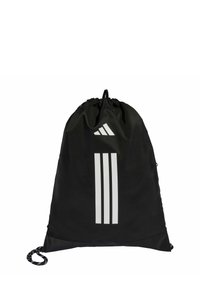 Black drawstring bag made of fabric, featuring three vertical white stripes and a small logo at the top. Includes a rope handle for closure.