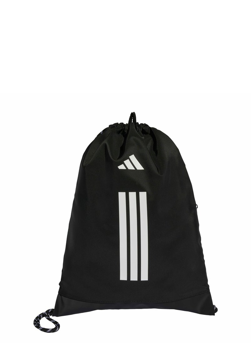Black drawstring bag made of fabric, featuring three vertical white stripes and a small logo at the top. Includes a rope handle for closure.