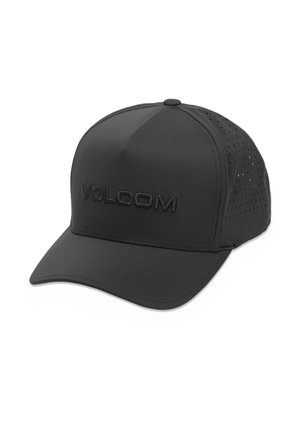 Casquette de baseball Volcom noire avec une visière courbée et des panneaux en maille perforée sur les côtés et à l'arrière pour la ventilation.