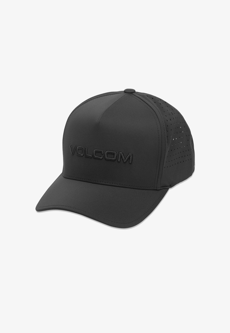 Casquette de baseball Volcom noire avec une visière courbée et des panneaux en maille perforée sur les côtés et à l'arrière pour la ventilation.