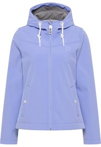 Giacca leggera viola con cappuccio e interno grigio, con zip frontale, due tasche laterali e un piccolo logo a forma di cuore sul petto. Tessuto morbido e liscio.