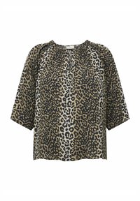 Bluse mit Leopardenmuster in Beige, Schwarz und Weiß. Mit kurzen Ärmeln, gerafftem Halsausschnitt und leichtem Stoff mit glatter Textur.