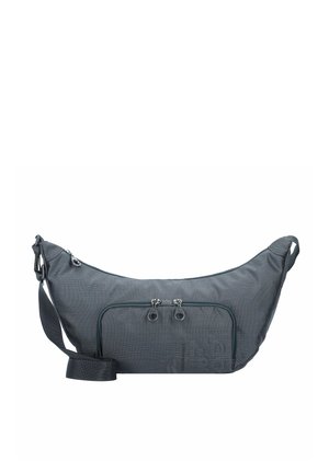 Sac bandoulière en tissu gris foncé avec bandoulière réglable, deux poches avant zippées et fermeture zippée incurvée sur le dessus.