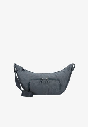 Sac bandoulière en tissu gris foncé avec bandoulière réglable, deux poches avant zippées et fermeture zippée incurvée sur le dessus.