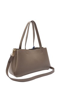 Torebka z taupe'owej skóry z podwójnymi ramiączkami na ramię i odpinanym paskiem do noszenia na krzyż, z złotymi akcentami i niebieskim suwakiem.