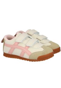 Zapatillas de velcro con una parte superior cremosa, acentos rosas y una puntera de ante beige. Presenta una suela de goma marrón y detalles de costura.