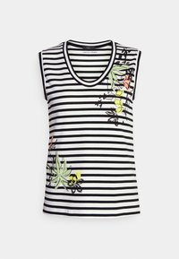 Top de tirantes a rayas en blanco y negro con un escote en V profundo. Presenta bordados florales en amarillo, verde y rosa en el lado izquierdo.