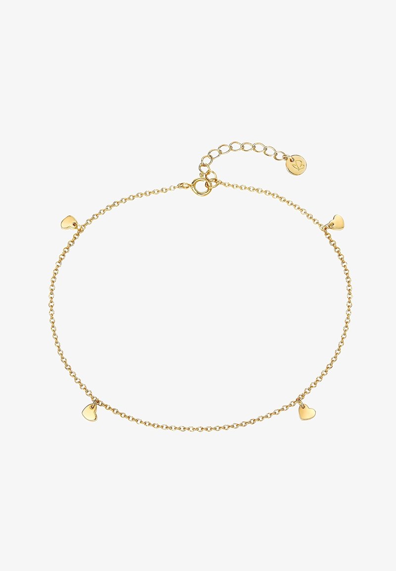 Auksu dengtas grandinėlė su mažomis širdelėmis, tekstūruoto ryšio dizainu ir reguliuojamu užsegimu, leidžiančiu pritaikyti dydį.