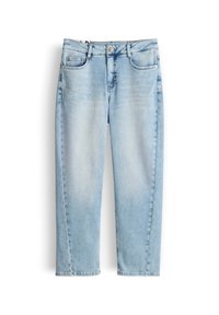 Light blue denim jeans with faded wash, front button and zipper, and five-pocket style, displayed on a white background.