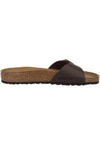 Infradito Birkenstock marrone con fascia superiore curva e liscia, plantare in sughero e suola in gomma testurizzata con logo.