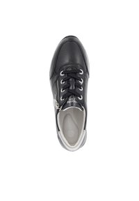 Schwarze Leder-Sneaker mit runder Zehenform, Schnürdesign, Reißverschlussdetails an der Seite und grauen Akzenten. Verfügt über ein gepolstertes Innenleben.