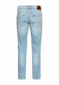 Jasnoniebieskie dżinsy o prostym kroju, z skórzaną metką na tylnej talii, dwiema tylnymi kieszeniami i subtelnymi efektami znikania.