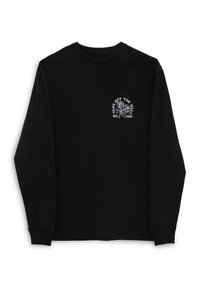 Musta pitkähihainen paita, jossa on valkoinen graafinen kuvio ruusuista ja teksti "VANS OFF THE WALL EST. 1966" vasemmassa rinnassa. Puuvillamateriaali.