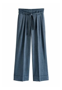 High-waist wide-leg gray trousers with pleats, cuffed hems, belt loops, and a matching fabric tie belt at the waist.