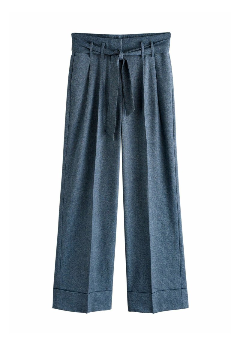 High-waist wide-leg gray trousers with pleats, cuffed hems, belt loops, and a matching fabric tie belt at the waist.