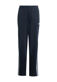 Marineblaue Sporthose aus weichem Stoff, mit weißen Seitenstreifen und einem elastischen Bund mit kleinem Logo auf der linken Seite.