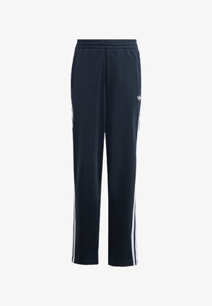 Pantaloni sportivi blu navy in tessuto morbido, con strisce laterali bianche e vita elastica con un piccolo logo sul lato sinistro.