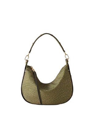 Borsa a tracolla verde con texture, con una singola tracolla larga e una cerniera diagonale sul davanti.