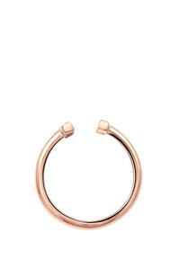 Armband aus Roségold mit einem schlanken, kreisförmigen Design und eckigen Enden. Glatte Textur mit polierter Oberfläche, ohne zusätzliche Verzierungen.