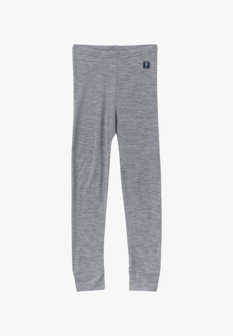 Gray leggings made of a soft, textured fabric. Features a fitted design with a small branded tag on the waistband.