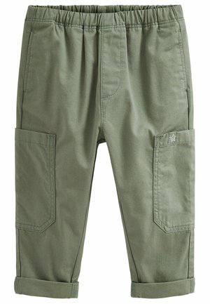 Pantaloni cargo da bambino verde oliva con elastico in vita, due tasche laterali, grandi tasche cargo e orli risvoltati.