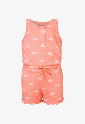 Ärmelloser Korallfarbenen Jumpsuit mit weißen Sonnenstrahl-Prints, Knopfleiste am Ausschnitt, Kordelzug in der Taille und gewelltem Saum an den Shorts.