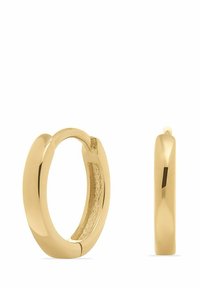 Guldörhängen i form av hoops med en polerad yta, som har en sömlös design och en lätt indentering. Visas från både fram- och sidovy.
