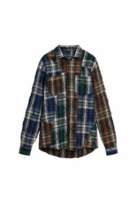 Plaid long-sleeve shirt with alternating blue, green, brown, and white colors. Features button-down collar and two chest pockets. Soft fabric texture.
