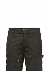 Pantalons cargo en velours côtelé gris foncé avec de multiples poches, une taille ajustée et une texture côtelée subtile. Des accents en métal sont visibles.