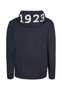 Sudadera con capucha de color navy con estampado blanco "1923" en la parte posterior, que cuenta con un cordón ajustable en la capucha, puños y dobladillo acanalados. Material de algodón suave.