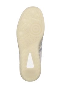 Suola della scarpa di un crema chiaro con motivi testurizzati, tra cui cerchi e triangoli, e un'area di accento bianca liscia, contrassegnata "BACK70".