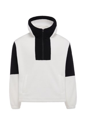 Fleece hoodie met halve rits, wit lichaam, zwarte schouders, middenstuk van de mouwen en zwarte capuchonvoering.