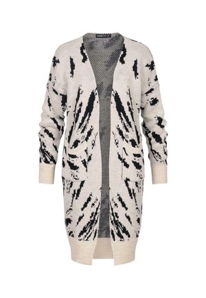 Strick-Cardigan in Creme mit schwarzen abstrakten Mustern, offener Vorderseite, zwei Fronttaschen und gerippten Bündchen. Weicher Stoff, mittellanges Design.