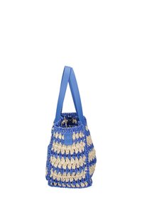 Multikleurige handtas met een blauwe en crèmekleurige geweven textuur. Voorzien van blauwe leren handvatten en een gestructureerde vorm. Verfraaid met een labeldetail.