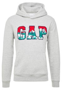 Grau Hoodie mit einer Fronttasche und einem gestickten "GAP"-Logo mit bunten Berg- und Baumgrafiken. Klassische Passform mit gerippten Bündchen.