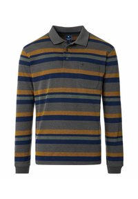 Langærmet polo skjorte i grå med blå, sennepsgul og grønne striber. Har en krave, tre-knaps placket og en brystlomme. Blandt af bomuld.