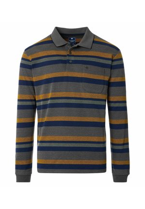 Langärmliges Polo-Shirt in Grau mit blauen, senfgelben und grünen Streifen. Verfügt über einen Kragen, eine Dreiknopf-Leiste und eine Brusttasche. Baumwollmix.