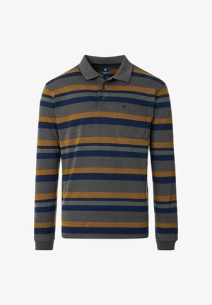 Langärmliges Polo-Shirt in Grau mit blauen, senfgelben und grünen Streifen. Verfügt über einen Kragen, eine Dreiknopf-Leiste und eine Brusttasche. Baumwollmix.