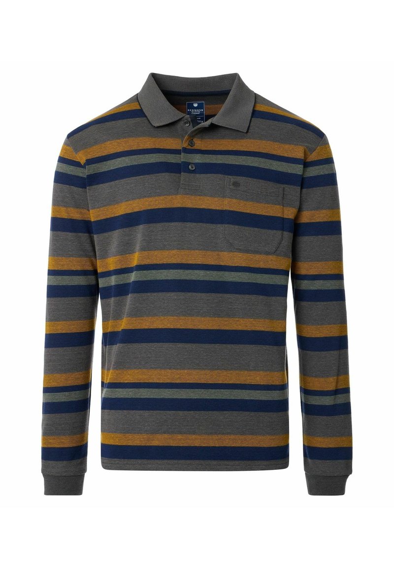 Langærmet polo skjorte i grå med blå, sennepsgul og grønne striber. Har en krave, tre-knaps placket og en brystlomme. Blandt af bomuld.