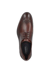 Braunes Lederschuh mit durchbrochenen Details, runder Zehenform und Schnürverschluss. Glatte Textur und kontrastierende dunklere Akzente.