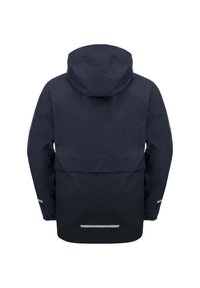 Marineblaue Regenjacke mit Kapuze, die eine glatte Textur, einen verstellbaren Saum, eine große Rückentasche und reflektierende Akzente auf den Ärmeln aufweist.