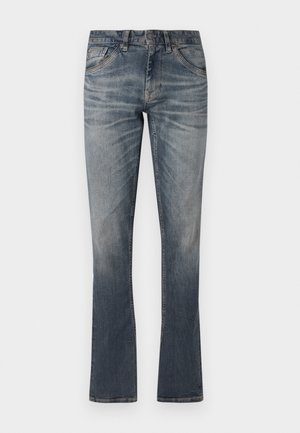 Denim jeans, lichtblauwe wassing, lichte vervaging, recht-toe-rechtaf ontwerp, vijf-pocket stijl, metalen hardware accenten en gestikte details.