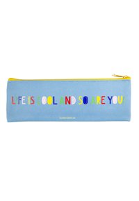 Blauer Federmäppchen mit gelbem Reißverschluss, auf der Vorderseite mit mehrfarbigem Text "DAS LEBEN IST COOL UND DU BIST ES AUCH!" gestaltet. Der Text ist in verschiedenen Schriftarten.