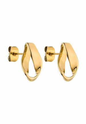 Goldfarbene Creolen mit einem gedrehten Design, flacher Oberflächenstruktur und Steckverschluss. Messen etwa 2 cm in der Breite.