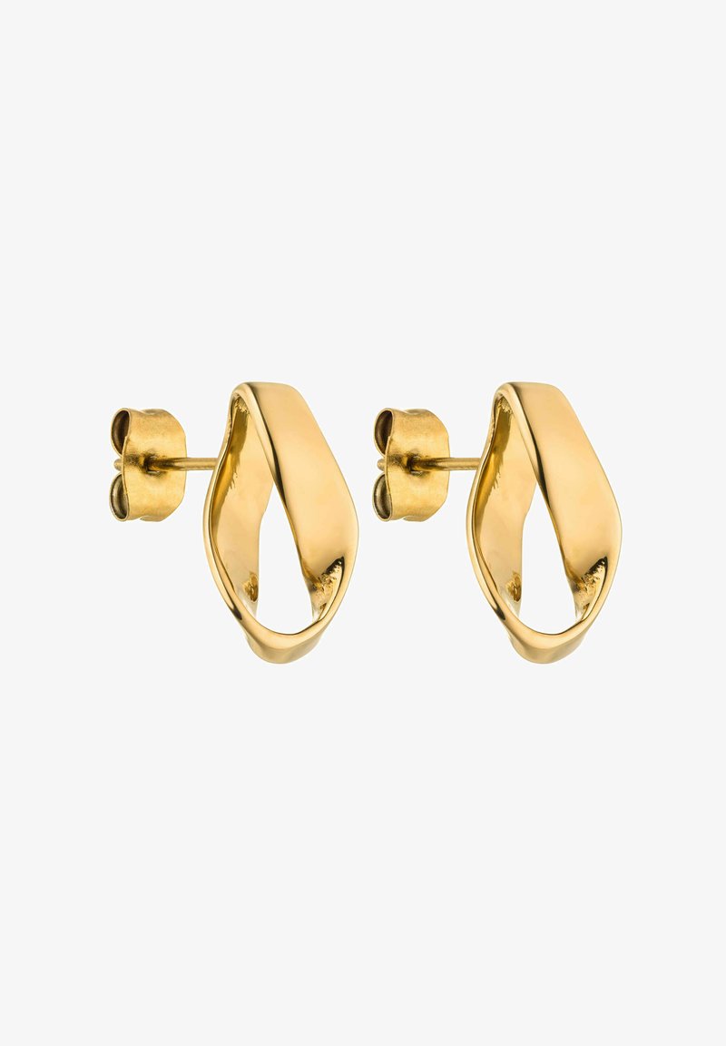 Goldfarbene Creolen mit einem gedrehten Design, flacher Oberflächenstruktur und Steckverschluss. Messen etwa 2 cm in der Breite.