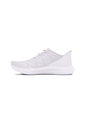 White athletic shoe with a textured knit upper, lace-up design, and a cushioned sole. Features a streamlined shape and minimal branding.