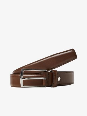 Brown leather belt with a smooth texture, featuring a silver rectangular buckle and neat stitching along the edges.