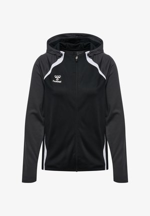 Schwarze Sportjacke mit weißen Akzenten, durchgehendem Reißverschluss, Kapuze und langen Ärmeln. Hergestellt aus strukturiertem Stoff und mit dem Hummel-Logo auf der Brust.