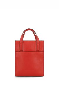 Red leather tote bag with a pebbled texture, featuring two short handles and a minimalist rectangular design. No visible hardware or embellishments.