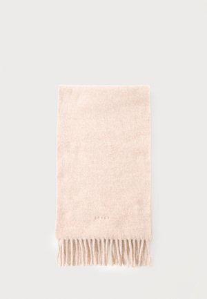 Bufanda de lana beige con extremos con flecos, colocada plana sobre un fondo claro, mostrando textura suave y un sutil relieve de la marca.